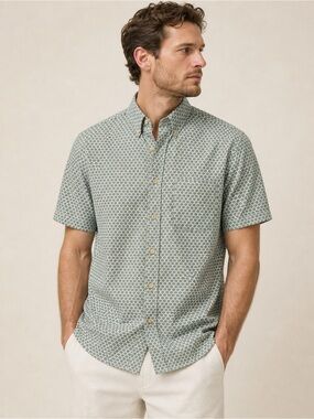 Faherty Playa Stretch Short Sleeve Shirt Organic Cotton Sage Print Size Medium
